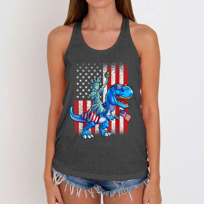 Dino Statue Of Liberty 4th Of July American Flag Patriotic 4th Of July Apparel B Women's Knotted Racerback Tank