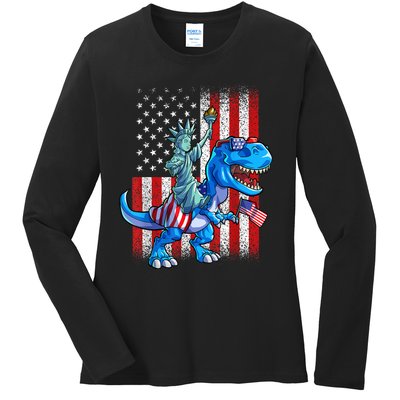 Dino Statue Of Liberty 4th Of July American Flag Patriotic 4th Of July Apparel B Ladies Long Sleeve Shirt