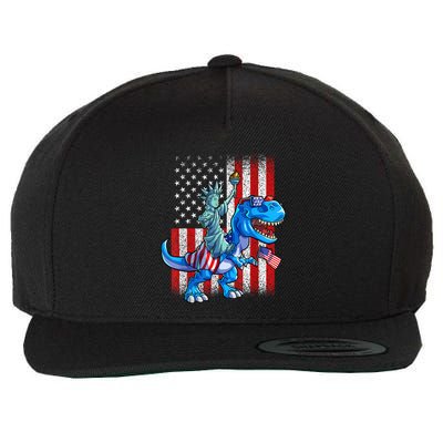 Dino Statue Of Liberty 4th Of July American Flag Patriotic 4th Of July Apparel B Wool Snapback Cap