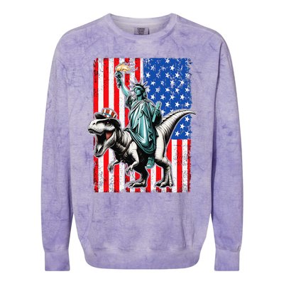 Dino Statue Of Liberty 4th Of July American Flag Colorblast Crewneck Sweatshirt