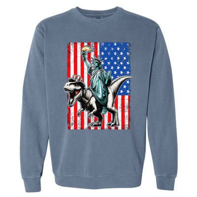 Dino Statue Of Liberty 4th Of July American Flag Garment-Dyed Sweatshirt