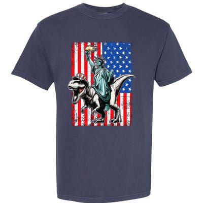 Dino Statue Of Liberty 4th Of July American Flag Garment-Dyed Heavyweight T-Shirt