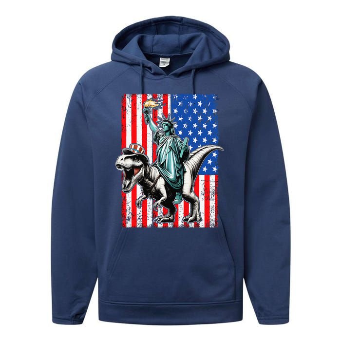 Dino Statue Of Liberty 4th Of July American Flag Performance Fleece Hoodie