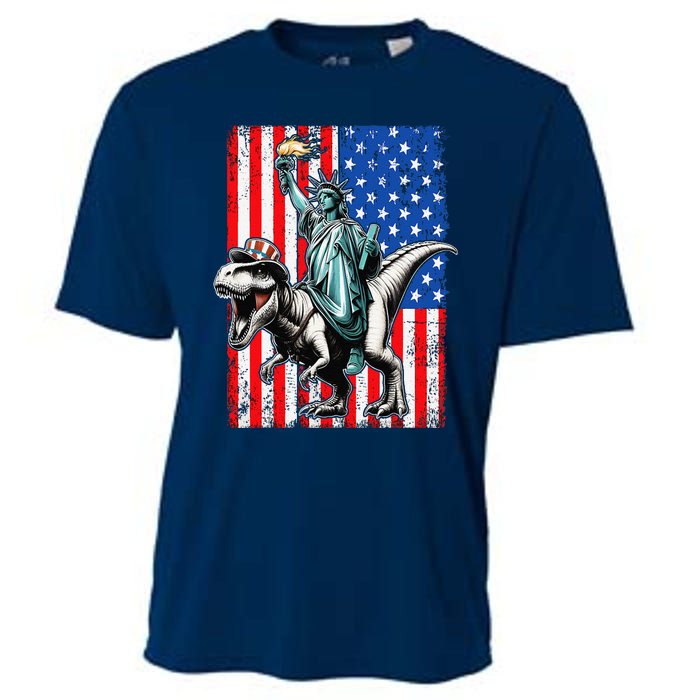 Dino Statue Of Liberty 4th Of July American Flag Cooling Performance Crew T-Shirt