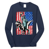 Dino Statue Of Liberty 4th Of July American Flag Long Sleeve Shirt