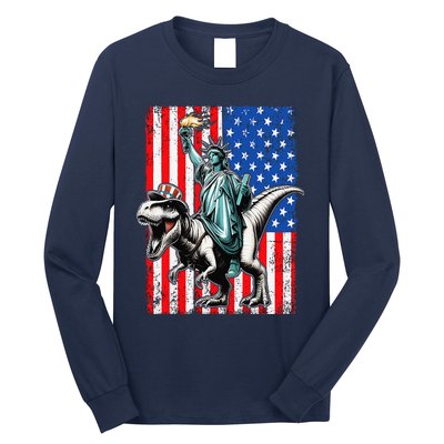 Dino Statue Of Liberty 4th Of July American Flag Long Sleeve Shirt