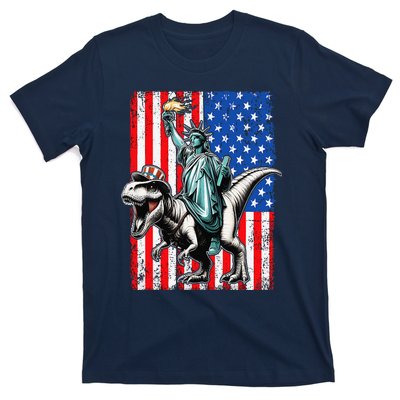 Dino Statue Of Liberty 4th Of July American Flag T-Shirt