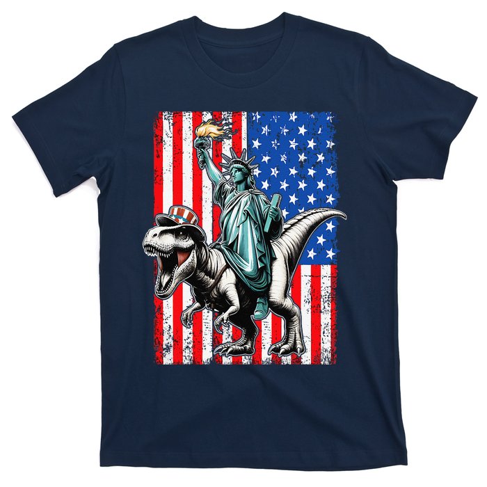 Dino Statue Of Liberty 4th Of July American Flag T-Shirt