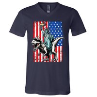 Dino Statue Of Liberty 4th Of July American Flag V-Neck T-Shirt