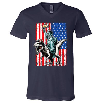 Dino Statue Of Liberty 4th Of July American Flag V-Neck T-Shirt