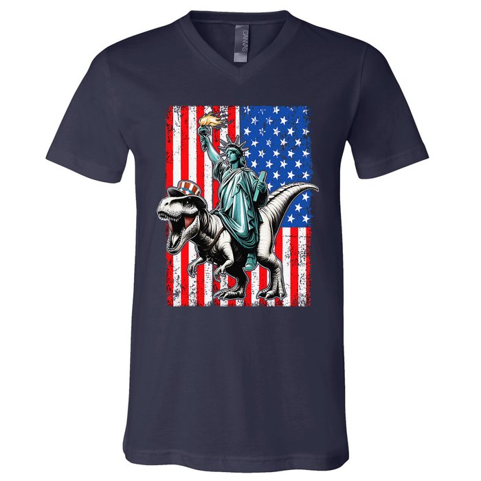 Dino Statue Of Liberty 4th Of July American Flag V-Neck T-Shirt