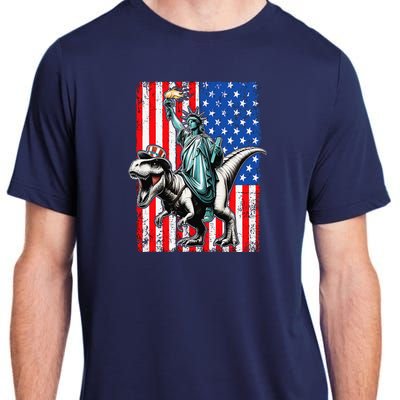 Dino Statue Of Liberty 4th Of July American Flag Adult ChromaSoft Performance T-Shirt