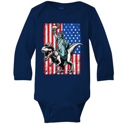 Dino Statue Of Liberty 4th Of July American Flag Baby Long Sleeve Bodysuit