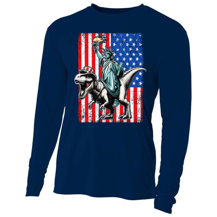 Dino Statue Of Liberty 4th Of July American Flag Cooling Performance Long Sleeve Crew