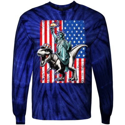 Dino Statue Of Liberty 4th Of July American Flag Tie-Dye Long Sleeve Shirt