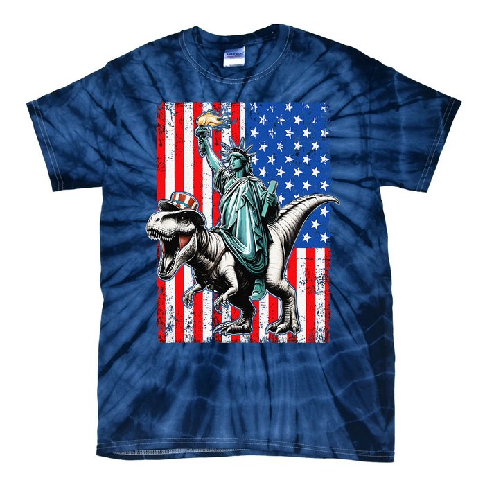 Dino Statue Of Liberty 4th Of July American Flag Tie-Dye T-Shirt