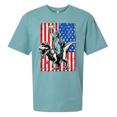 Dino Statue Of Liberty 4th Of July American Flag Sueded Cloud Jersey T-Shirt