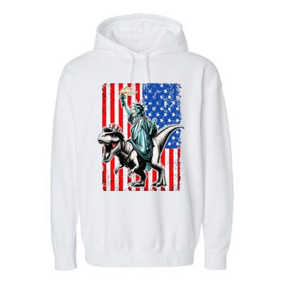 Dino Statue Of Liberty 4th Of July American Flag Garment-Dyed Fleece Hoodie