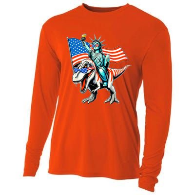 Dino Statue Of Liberty 4th Of July Cooling Performance Long Sleeve Crew