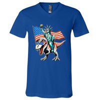 Dino Statue Of Liberty 4th Of July V-Neck T-Shirt