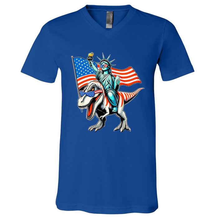 Dino Statue Of Liberty 4th Of July V-Neck T-Shirt