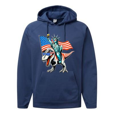 Dino Statue Of Liberty 4th Of July Performance Fleece Hoodie