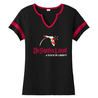 DeSantisLand State Of Liberty Florida Map FL Flag Patriotic Ladies Halftime Notch Neck Tee