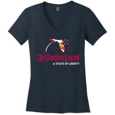 DeSantisLand State Of Liberty Florida Map FL Flag Patriotic Women's V-Neck T-Shirt