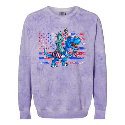 Dino Statue Of Liberty 4th Of July American Flag Colorblast Crewneck Sweatshirt