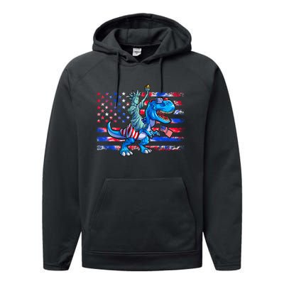 Dino Statue Of Liberty 4th Of July American Flag Performance Fleece Hoodie