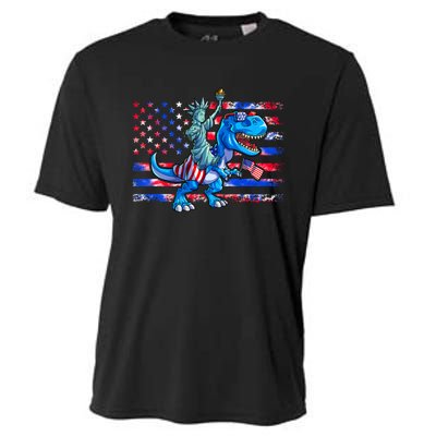 Dino Statue Of Liberty 4th Of July American Flag Cooling Performance Crew T-Shirt