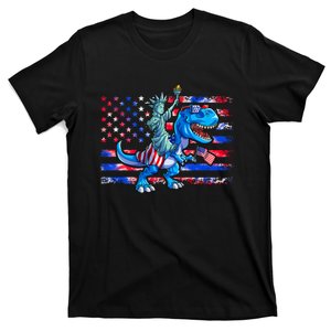 Dino Statue Of Liberty 4th Of July American Flag T-Shirt