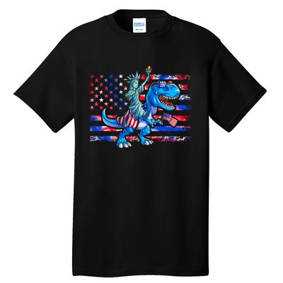 Dino Statue Of Liberty 4th Of July American Flag Tall T-Shirt