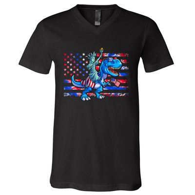 Dino Statue Of Liberty 4th Of July American Flag V-Neck T-Shirt