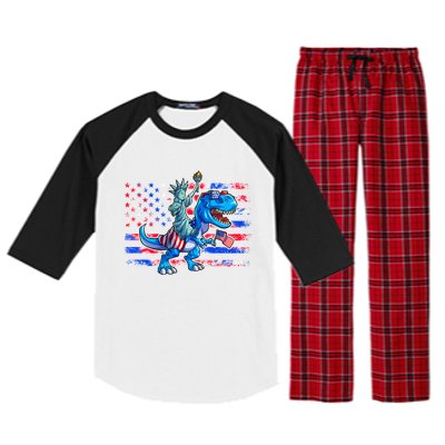 Dino Statue Of Liberty 4th Of July American Flag Raglan Sleeve Pajama Set