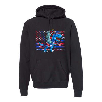 Dino Statue Of Liberty 4th Of July American Flag Premium Hoodie