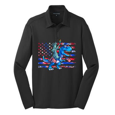 Dino Statue Of Liberty 4th Of July American Flag Silk Touch Performance Long Sleeve Polo