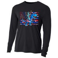 Dino Statue Of Liberty 4th Of July American Flag Cooling Performance Long Sleeve Crew