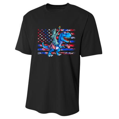 Dino Statue Of Liberty 4th Of July American Flag Performance Sprint T-Shirt