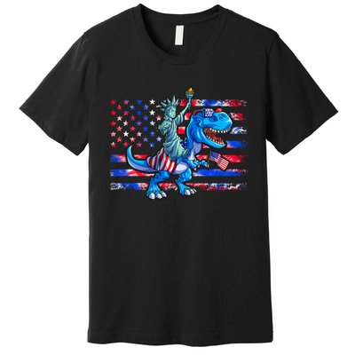 Dino Statue Of Liberty 4th Of July American Flag Premium T-Shirt