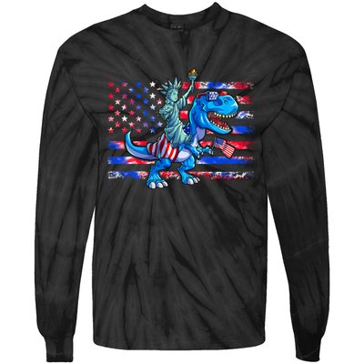 Dino Statue Of Liberty 4th Of July American Flag Tie-Dye Long Sleeve Shirt