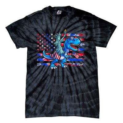 Dino Statue Of Liberty 4th Of July American Flag Tie-Dye T-Shirt