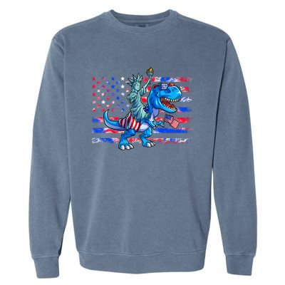 Dino Statue Of Liberty 4th Of July American Flag Garment-Dyed Sweatshirt