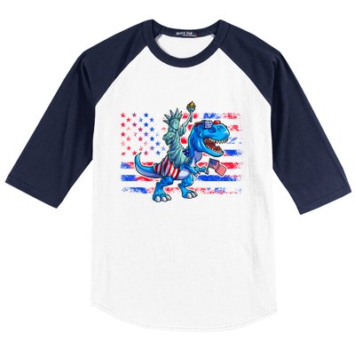 Dino Statue Of Liberty 4th Of July American Flag Baseball Sleeve Shirt