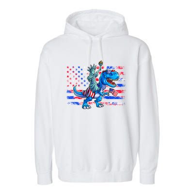 Dino Statue Of Liberty 4th Of July American Flag Garment-Dyed Fleece Hoodie