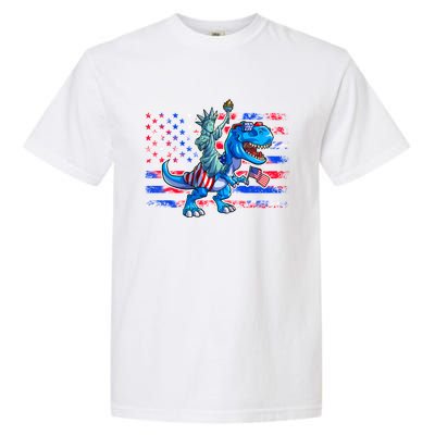 Dino Statue Of Liberty 4th Of July American Flag Garment-Dyed Heavyweight T-Shirt