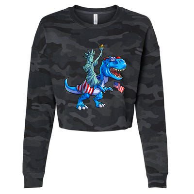 Dino Statue Of Liberty 4th Of July American Flag Cropped Pullover Crew