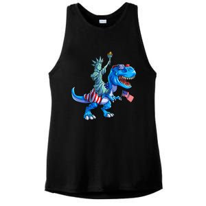 Dino Statue Of Liberty 4th Of July American Flag Ladies PosiCharge Tri-Blend Wicking Tank