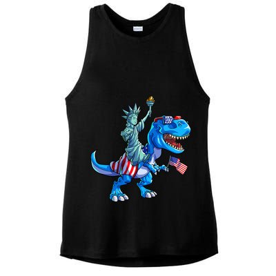 Dino Statue Of Liberty 4th Of July American Flag Ladies PosiCharge Tri-Blend Wicking Tank