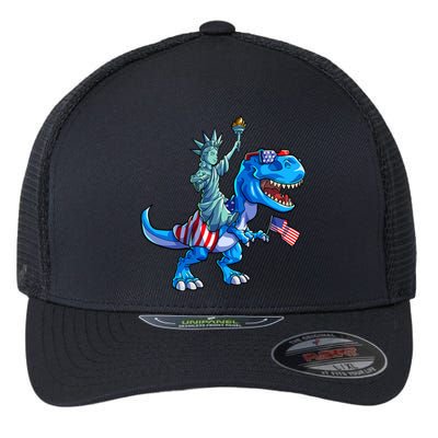 Dino Statue Of Liberty 4th Of July American Flag Flexfit Unipanel Trucker Cap